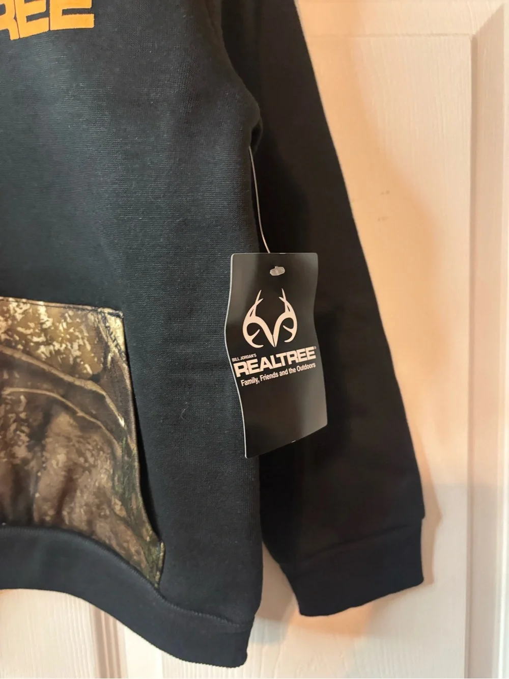Realtree Black Hoodie with Orange Logo and Camo Pocket
